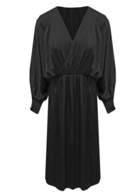 Satijnen jurk | gesmokte mouw | zwart