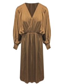 Satijnen jurk met pofmouw | Camel bruin