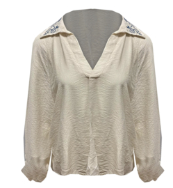 Blouse met geborduurde kraag || Beige || yess-style