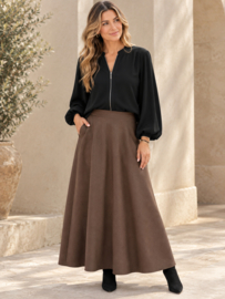 Bruine lederlook damesrok - soepelvallend & elegant