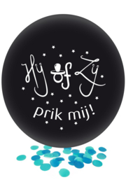 Ballon Hij of Zij zwart met blauwe confetti 24 in.