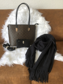 Tassenset met bruine zwarte tas, bijpassende portemonnee en een prachtige shawl
