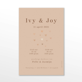 TWEELING GEBOORTEKAARTJE HARTJES LABEL STOF MEISJES 'IVY EN JOY'