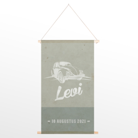 GEPERSONALISEERDE TEXTIELPOSTER OF SCHOOLPLAAT VINTAGE VW KEVER JONGEN 'LEVI'