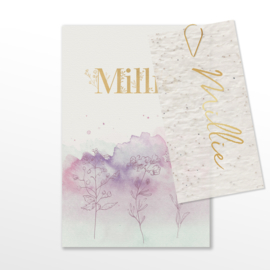 GEBOORTEKAARTJE LABEL WATERCOLOR ROZE PAARS BLAUW 'MILLIE'