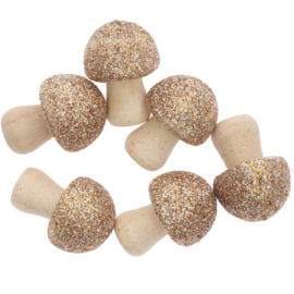 Rico Houten paddestoeltjes glitter goudkleur 23x30mm - 6 stuks