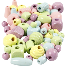 Houten pastel kralen assortie 7-15 mm emmertje