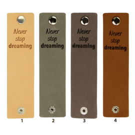 Durable Rechthoekige leren labels met drukknoop van 12 x 3 cm - Never Stop Dreaming per 2 stuks