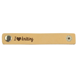 Durable leren label bandje met drukknoop van 10 x 1,5 cm -I love Knitting per 2 stuks