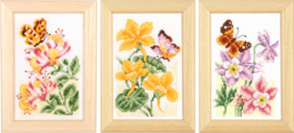 Bloemen en Vlinders  telpatroon aida set van 3 schilderijtjes