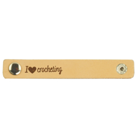 Durable leren label bandje met drukknoop van 10 x 1,5 cm -I love Crocheting per 2 stuks