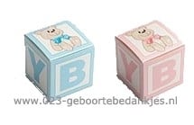 Geboortebedankjes baby blokje met beer roze of blauw