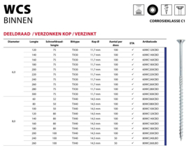 Houtconstructie schroef (HBS) Vlakkop 6,0 x 180 verzinkt TX doos a 100 stuks
