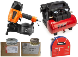 SUPERDEAL: Senco compressor + luchtslang + coilnailer + nagels RVS en gegalvaniseerd