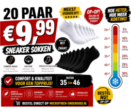 20 Paar Sneaker Sokken – Zonder Naad – Katoen – Zwart/Wit (Maat 35-46)