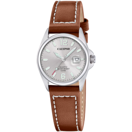 Calypso Klassiek Kinderhorloge met Datum en Lederen Band - Zilver - 29mm