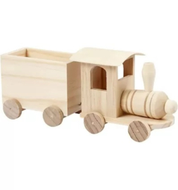 Houten trein met wagon 21.5 x 6.5 x 9.5 cm.