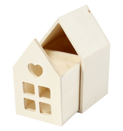 Houten huisje met lade 6,8x6,8x10,8cm groot.