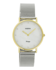 OOZOO horloge Vintage Mesh zilver- en goudkleurig-wit parelmoer - C20120