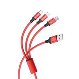 Hoco 3-in-1 Charge&Synch Cable Lightning+Micro+USB-C rood of zwart