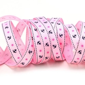 10.11 Roze lint met blauwe ankers 1,6 cm. breed
