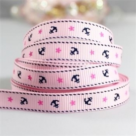 10.11 roze lint met blauwe ankers 1 cm breed