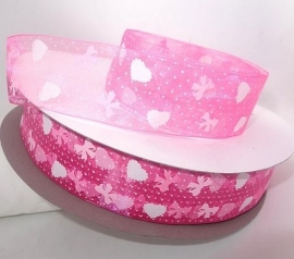 10.08 Roze organza lint met hartjes en strikken