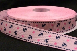10.11 Roze lint met blauwe ankers 1,6 cm. breed