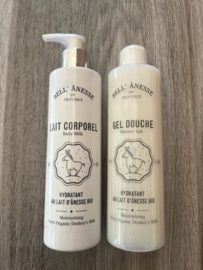 duo van body melk ezelinnenmelk en gel douche ezelinnenmelk