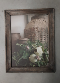Schilderij houten frame vismand papaver toef
