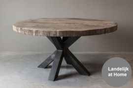 Stoere ronde eettafel "Levv" van oud hout met spinpoot