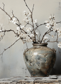 Schilderij canvas antieke pot met witte bloesem