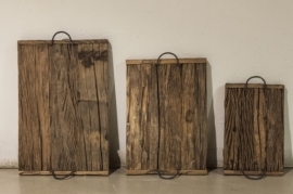 Stoer houten dienblad met handvaten oud hout -3 maten