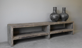 Stoer open tvmeubel "Levv" van oud robuust hout 220 cm