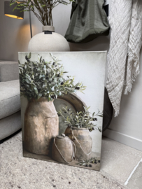 Schilderij canvas houten pot met olijftakken - 60 x 80 cm