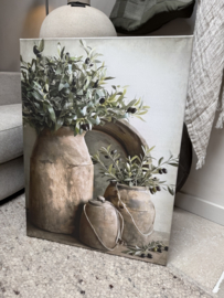 Schilderij canvas houten pot met olijftakken - 60 x 80 cm