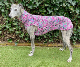 Zomerjumper fantasiebloemen fuchsia met turquoise