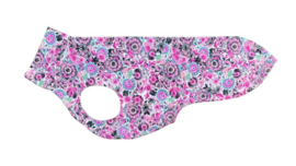 Zomerjumper fantasiebloemen fuchsia met turquoise