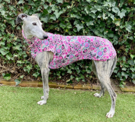 Zomerjumper fantasiebloemen fuchsia met turquoise