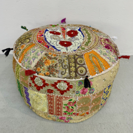 Hoge Poef India - Creme multicolor