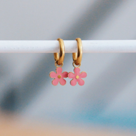 Bazou oorbellen met bloemetje roze /goud RVS