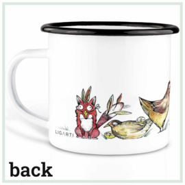 Mok emaille - kippen en vos in kippenveren - Ligarti