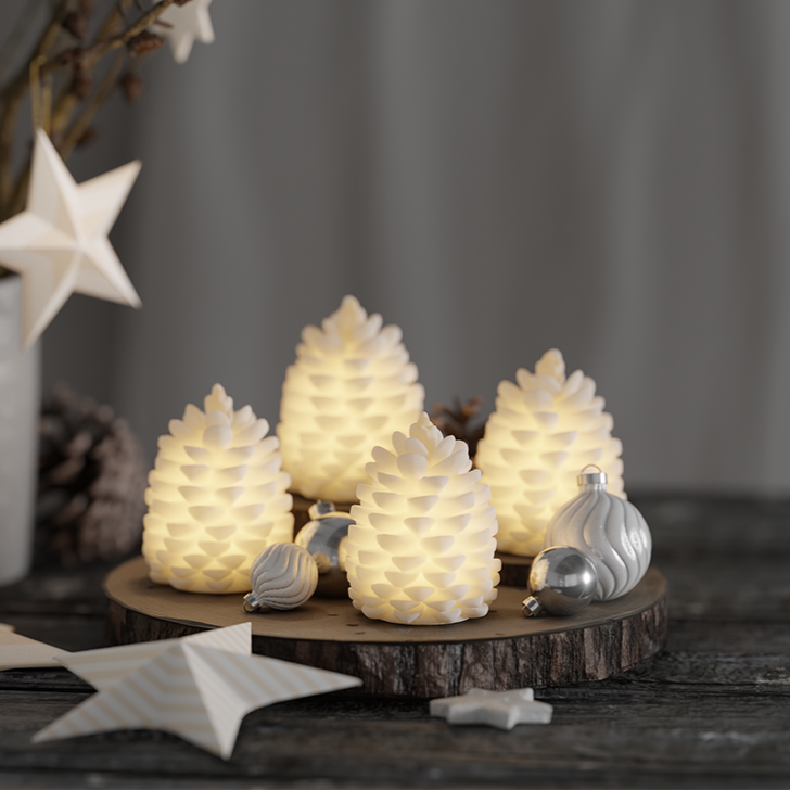 LED Dennenappels Set 4 stuks | Wit | 7,5 cm | Deluxe Homeart