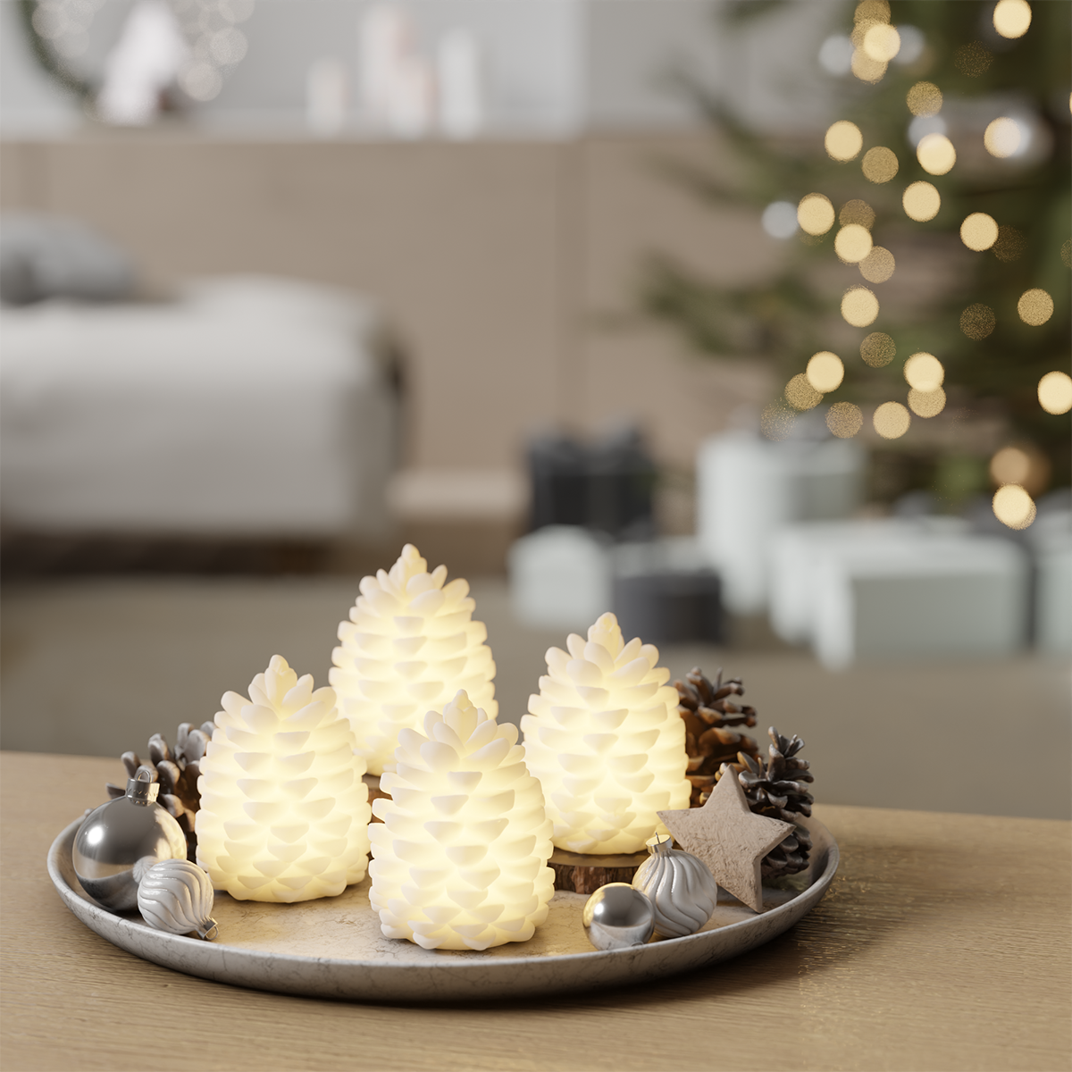 LED Dennenappels Set 4 stuks | Wit | 7,5 cm | Deluxe Homeart