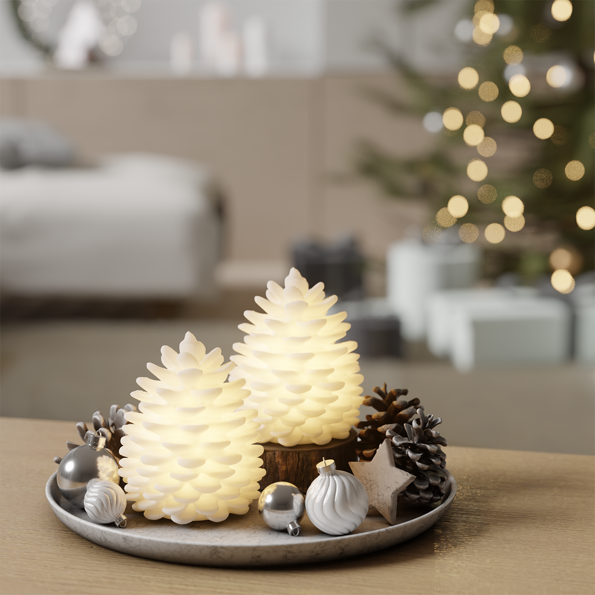 LED Dennenappels Set 2 stuks | Wit | 10 cm | Deluxe Homeart