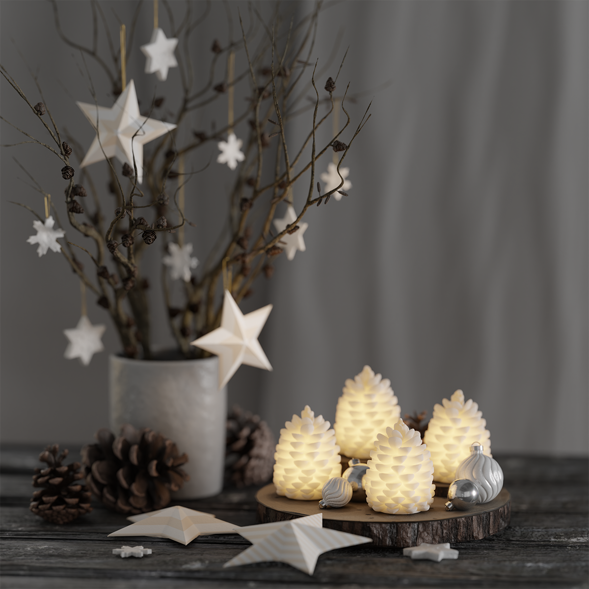 LED Dennenappels Set 4 stuks | Wit | 7,5 cm | Deluxe Homeart