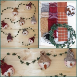 Materialenpakket + patroon primitieve kerstslinger `Snowmen`