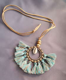 Ketting cirkel schelp met franjes - blauw