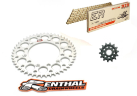 Ketting/Tandwiel kit bestaande uit Renthal moddergroef voor en Renthal achter tandwiel aluminium ketting DID 520 ERT3 goud Honda CR 250R 1986-2008 & CR 500R 1986-2001 & CRF 450R 2002-2019 & CRF 450RX 2017-2019 & CRF 450X 2004-2017