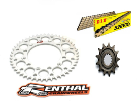 Ketting/Tandwiel kit bestaande uit Renthal voor en Renthal achter tandwiel aluminium ketting DID 520 VX3 goud